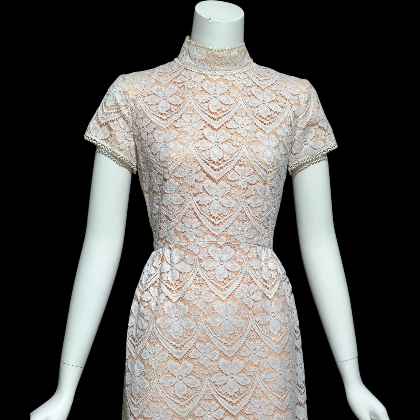 VICTOR COSTA, vintage 1970s evening dress, white and peach lace high neck column dress