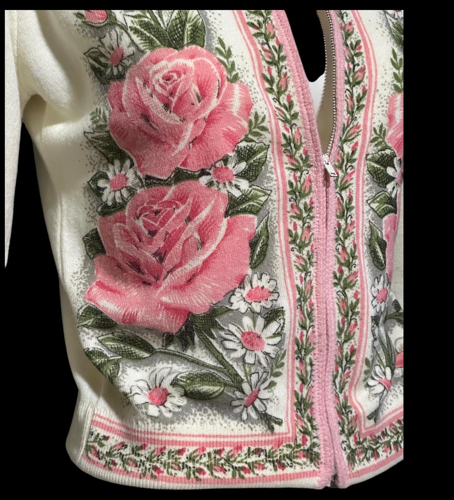 BERNICE CREATIONS, vintage 1950s cardigan, cream and pink rose print acrylic zip front sweater