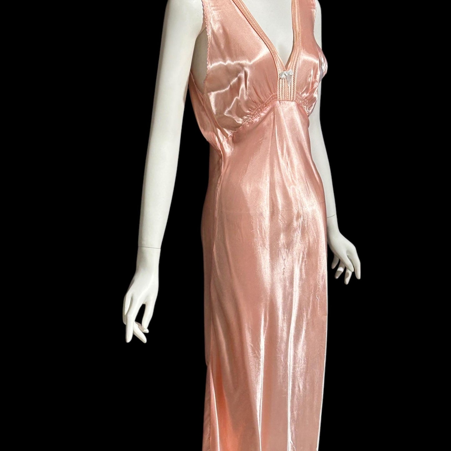 1940s vintage nightgown slip dress, Shiny dusty rose peachy pink bias cut slip dress, full length