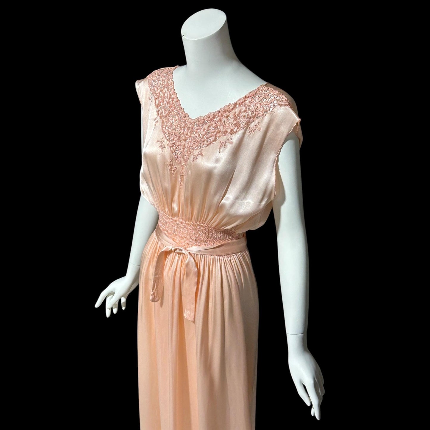 1930s vintage Nightgown slip dress, peachy pink silky smocked night dress