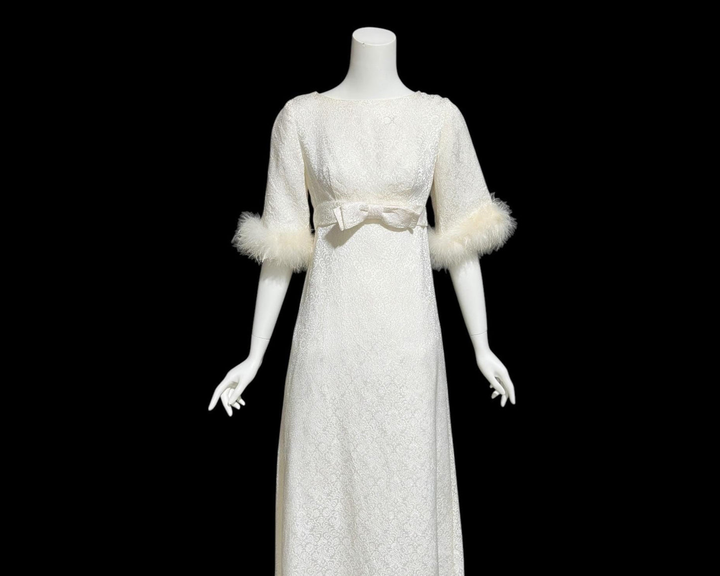 1960s vintage wedding dress gown, shimmering pearly white damask & marabou feathers bridal evening dress
