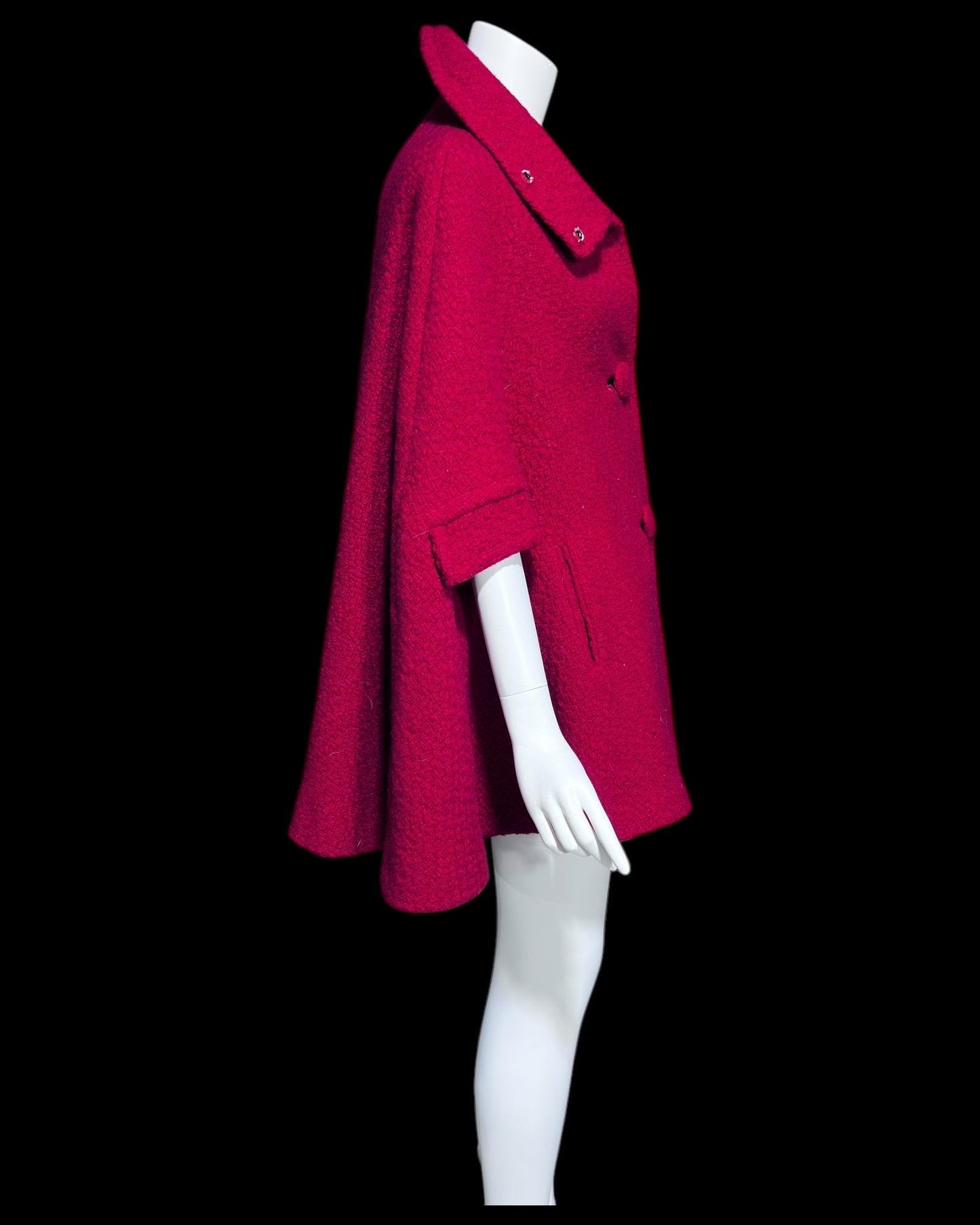 FRANKLIN SIMON, 1960s Mod red swing cape jacket, nubby wool button front car coat