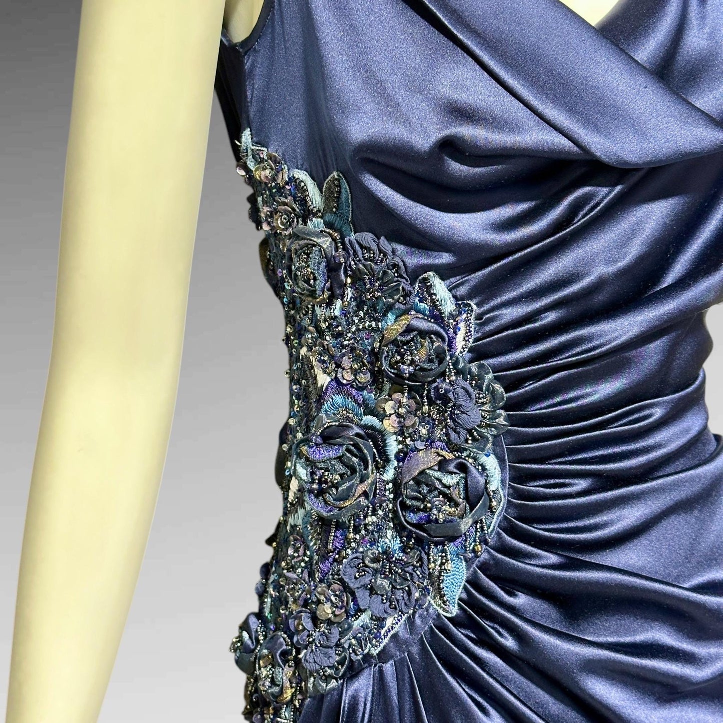 BELLVILLE SASSOON Lorcan Mullany, vintge 1990s evening dress, midnight blue silk beaded sheath slip gown