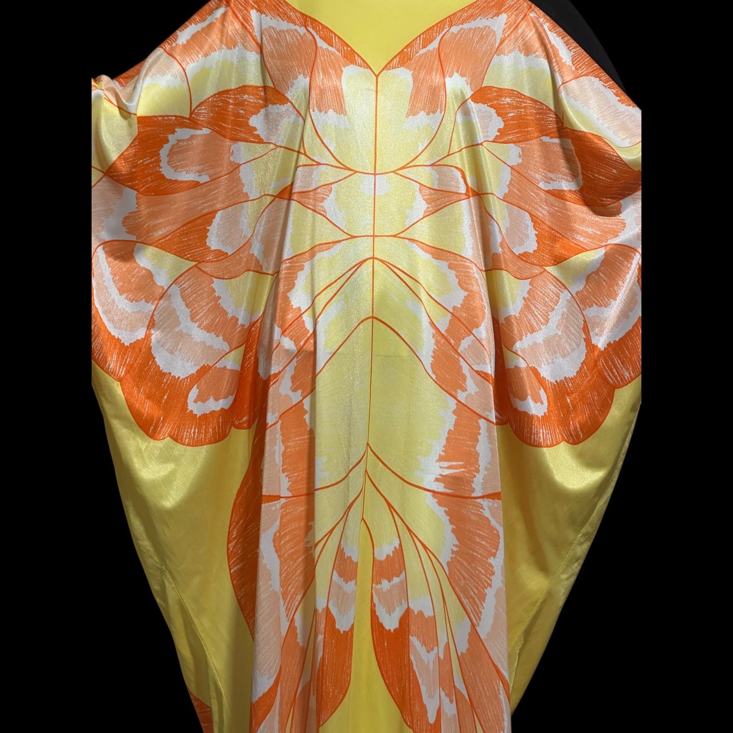 1970s Vintage butterfly caftan dress, Yellow and orange nylon butterfly motif loose house party dress