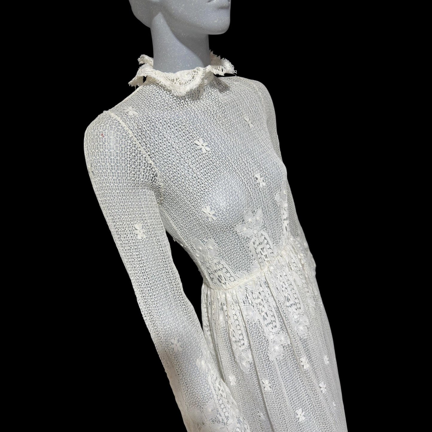 1970s vintage crochet maxi dress, white cotton open knit bridal wedding dress, Victorian style gown
