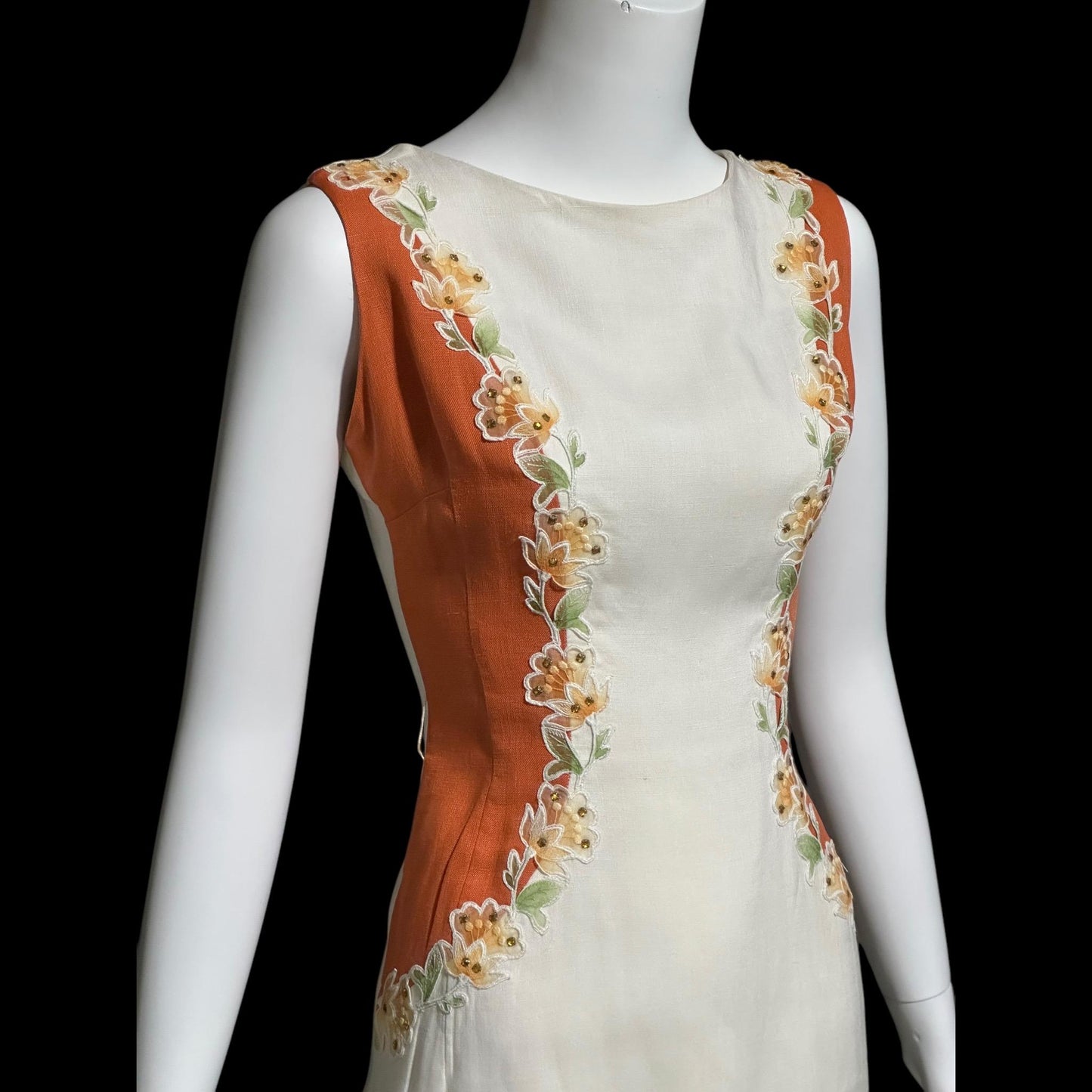 CHARLES WARNER, vintage 1960s Linen day dress, organza floral trim, Cocktail luncheon dress