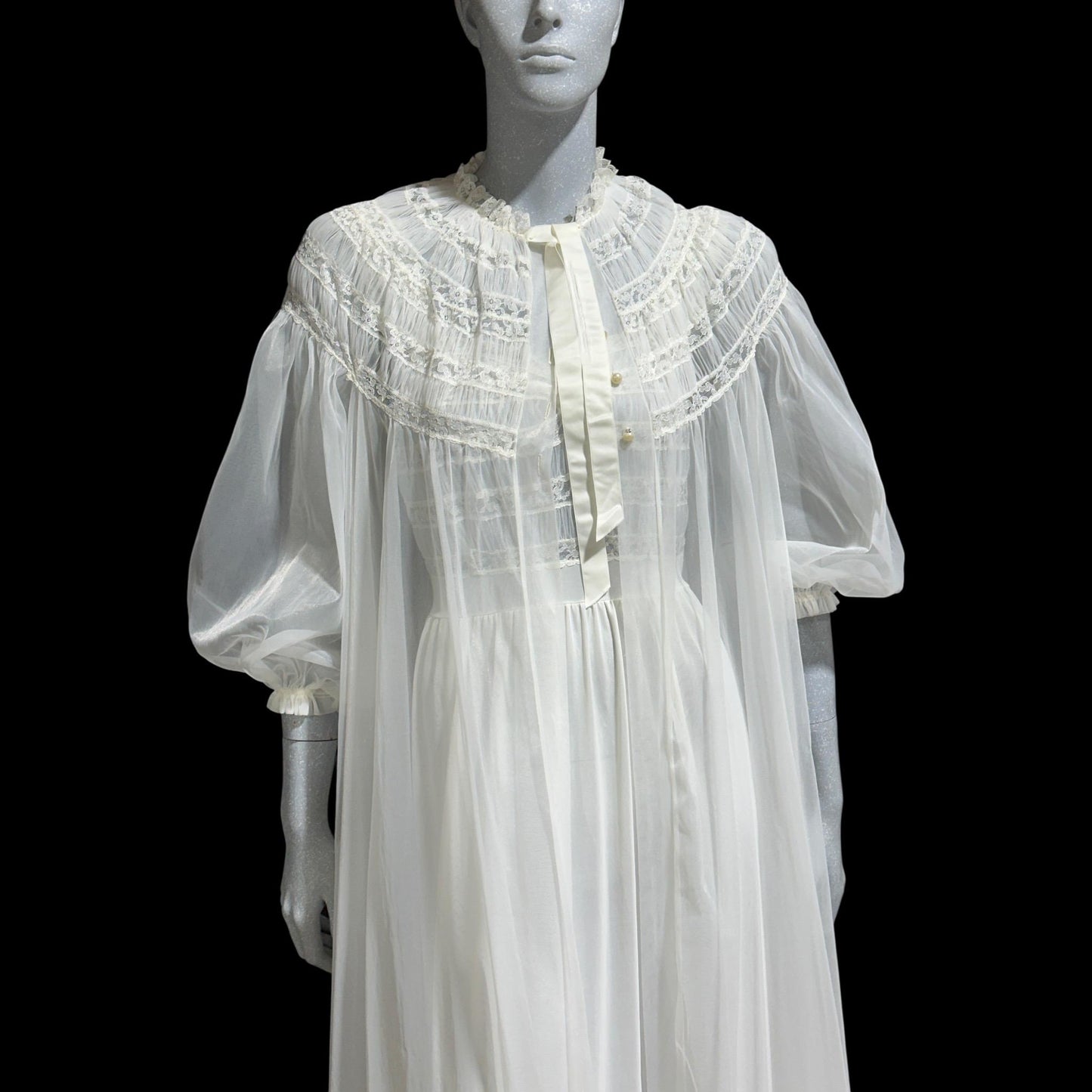 RADCLIFFE vintage 1940s nightgown robe set, bridal white chiffon wedding peignoir slip dress set