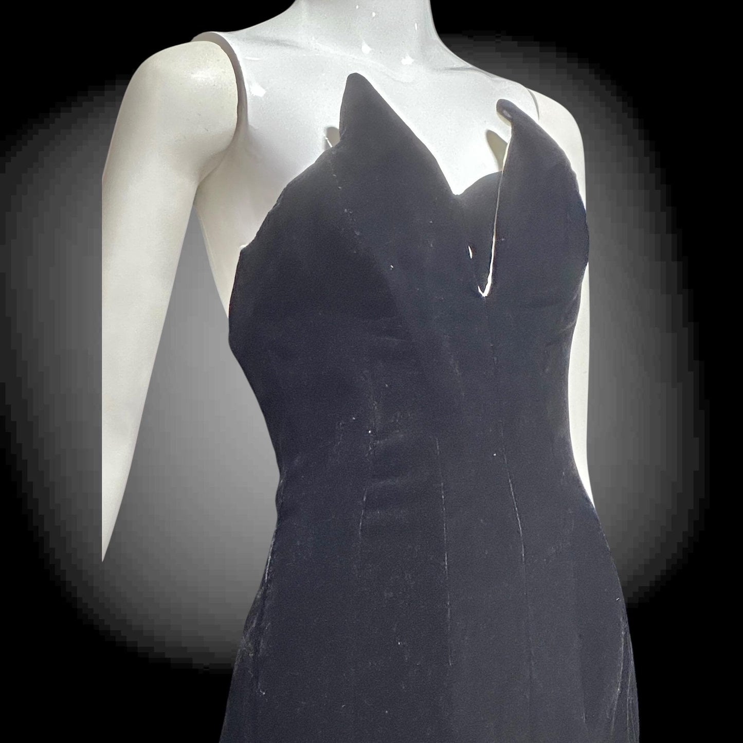 VICTOR COSTA vintage 1970s evening dress gown, Neiman Marcus, black velvet & white satin strapless mermaid gown