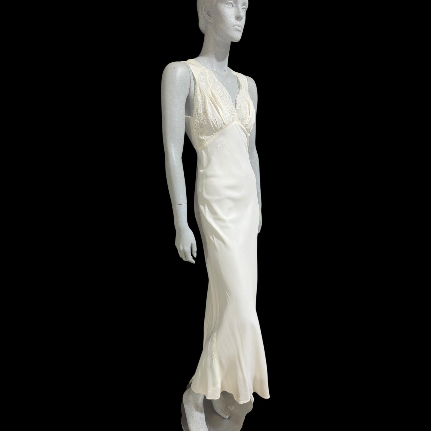 1930s vintage Nightgown slip dress, White rayon and lace bias cut night dress, full length with side snaps