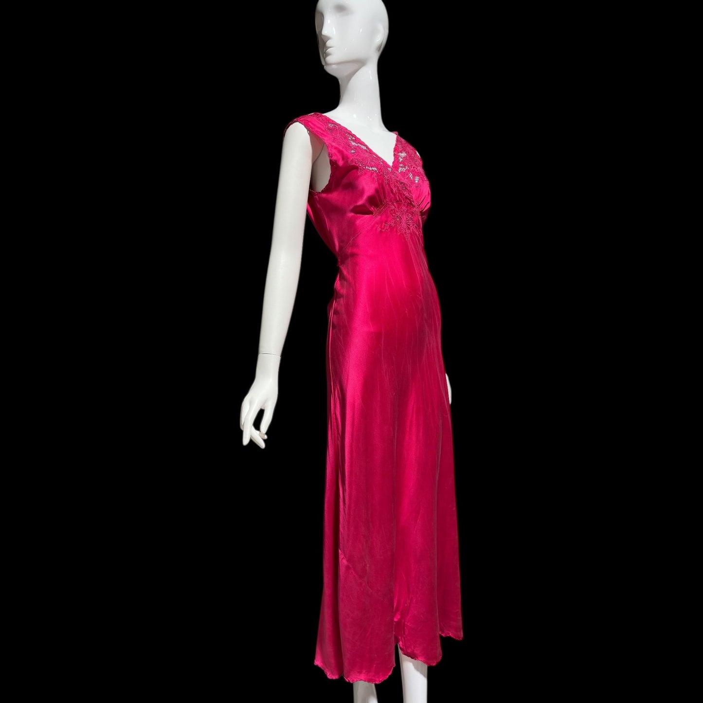 PEONY vintage 1950s Silk Nightgown Slip Dress: Made in SHANGHAI Embroidered Magenta bias cut gown