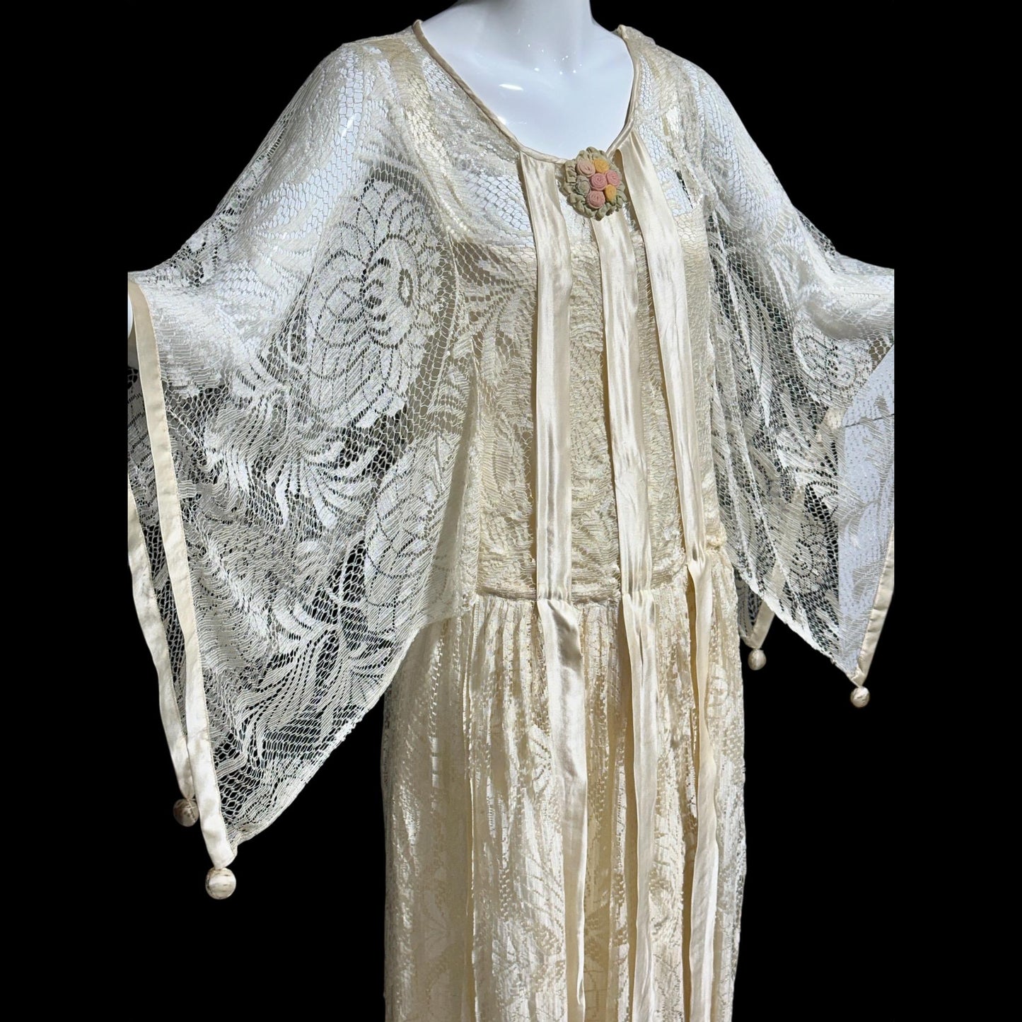 1920s Antique vintage wedding dress, Handmade candlelight white silk and lace slip dress with scarf sleeves, bridal flapper dress