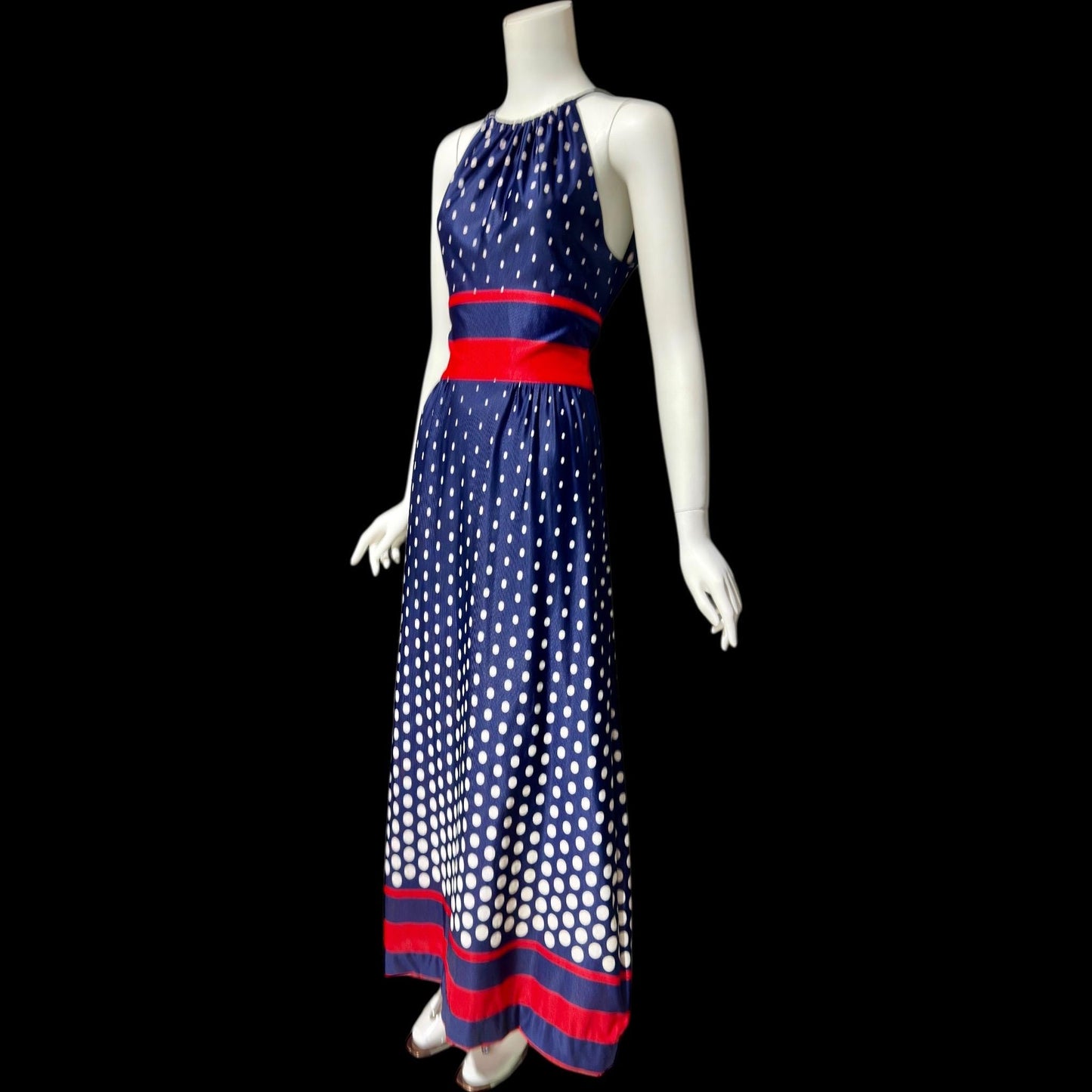 1970s vintage maxi dress, Navy blue and white polka dots, red stripes, halter casual summer party long 4th of July sundress