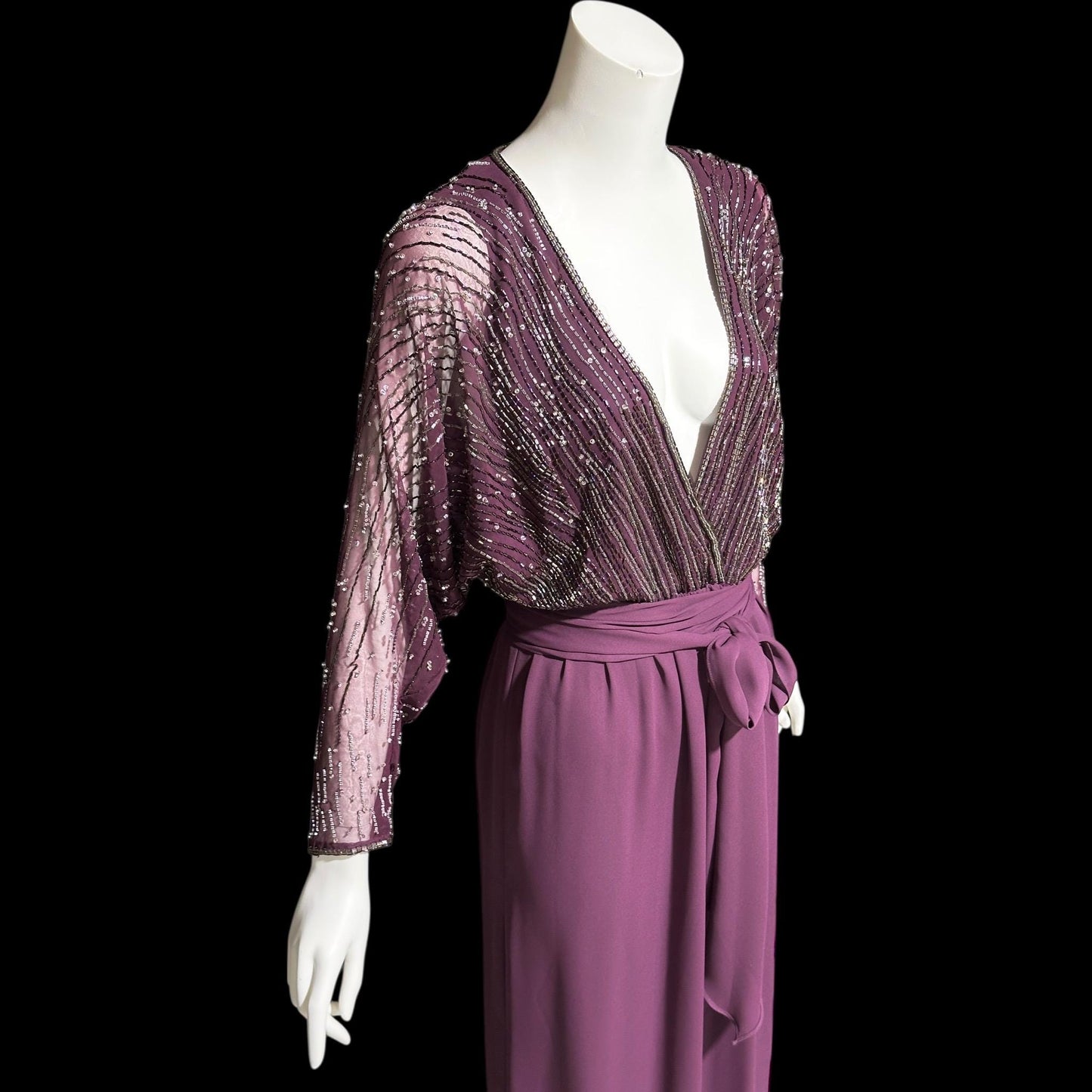 JACK BRYAN vintage evening dress gown, 1970s Aubergine Eggplant Purple chiffon beaded dolman sleeves, Deep V