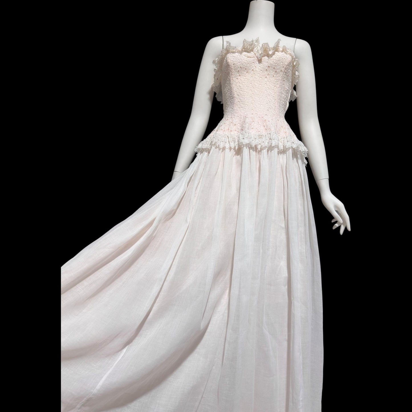1940s vintage dress gown, soft petal pink and white cotton eyelet, with white organdy evening wedding gown