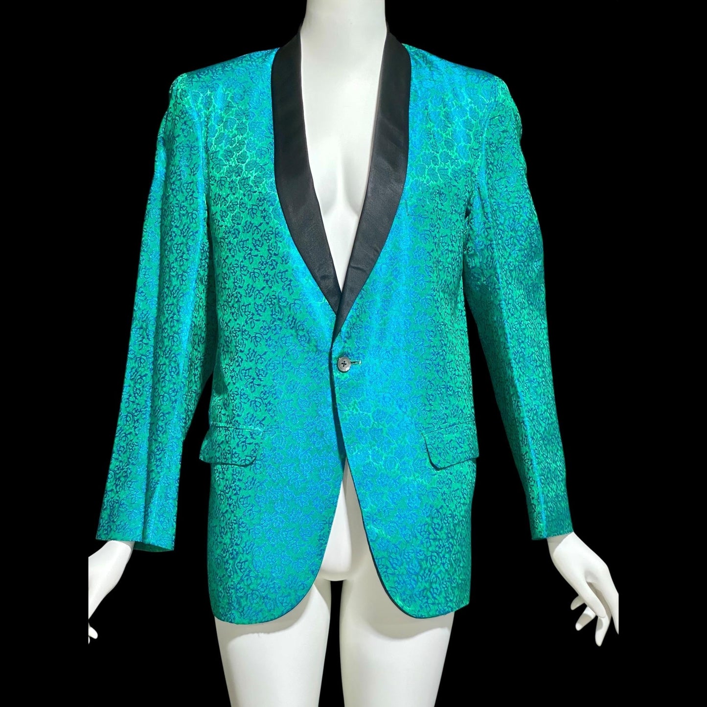 1960s Vintage Smoking Jacket, MEN'S Hugh Hefner Teal Mermaid Green Damask Lounge Dinner coat