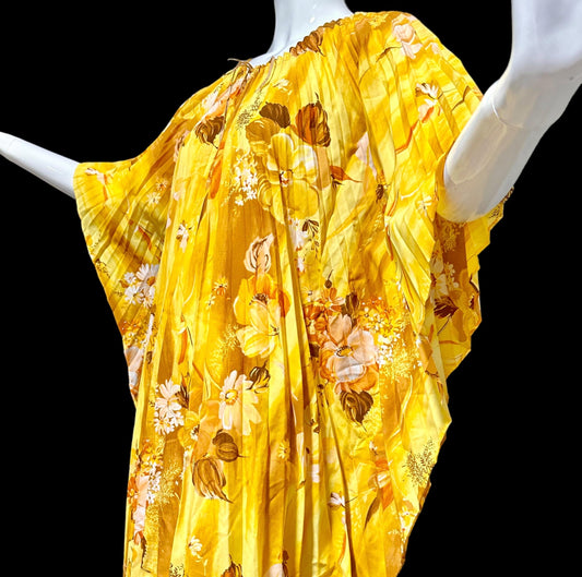 1960s Vintage caftan dress, Sunny golden yellow accordion pleated floral hostess gown