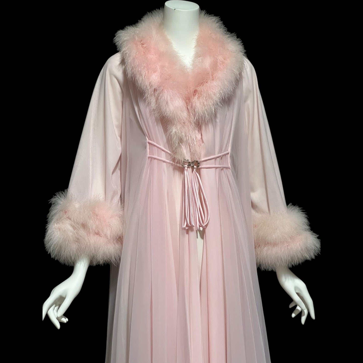 LUCIE ANN Claire Sandra dressing gown robe, vintage 1960s frothy pink full sweep marabou gown