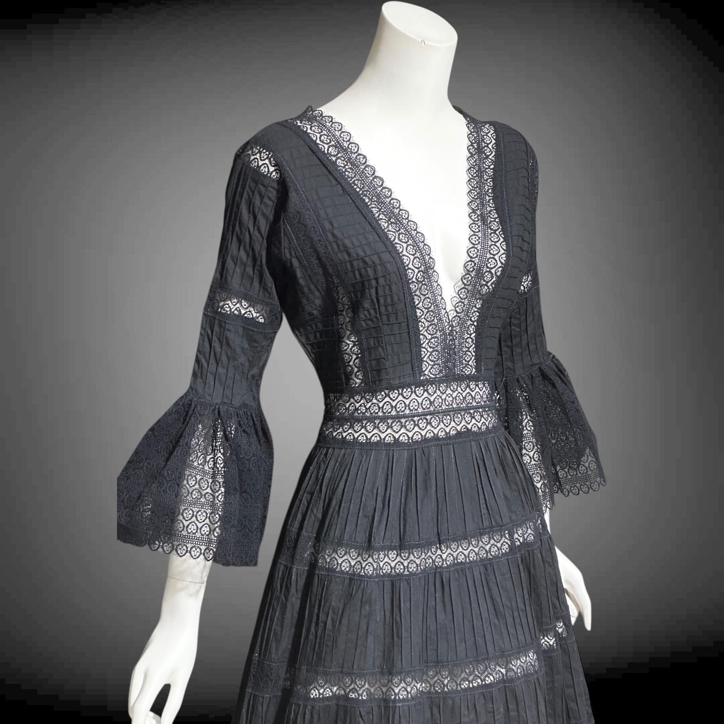 1970s vintage Mexican Wedding dress, Black cotton blend Deep V ball gown, long bell Sleeves, Maxi Hippie Bohemian gown