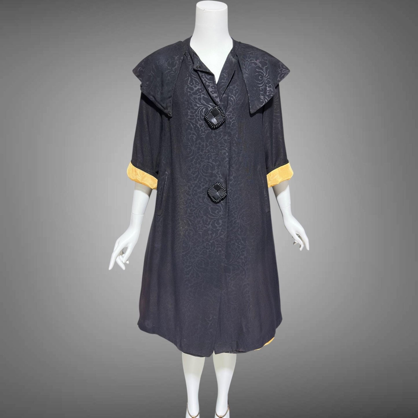 1930s vintage evening swing coat, black swing opera coat duster with satin lining