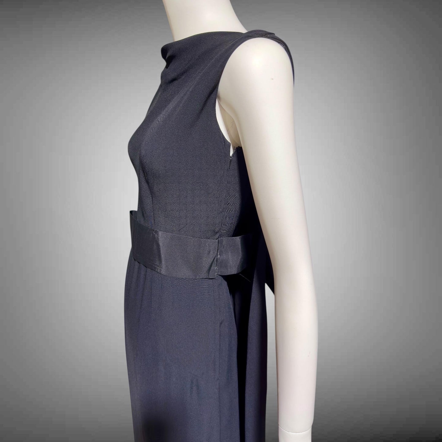 CAMEO vintage 1960s evening dress gown, black formal dress, backless watteau back