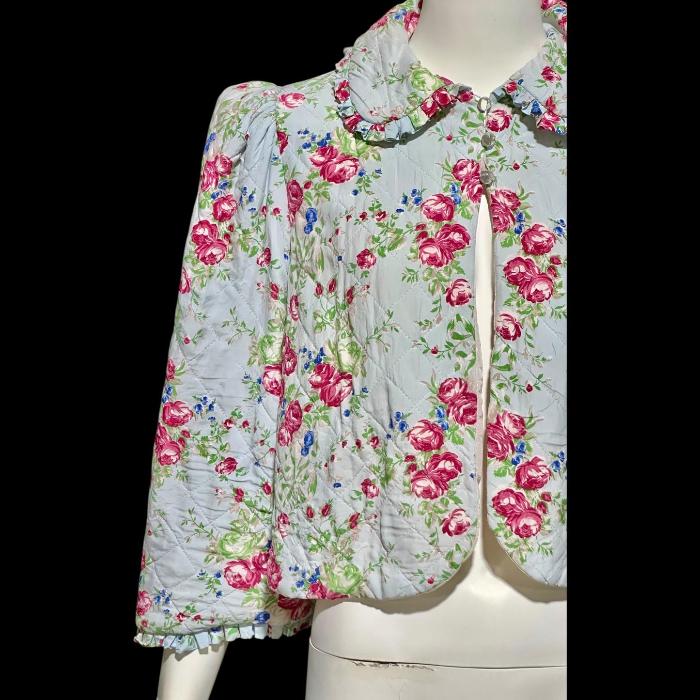 1930s vintage quilted bed jacket, blue satin with rose print short night robe