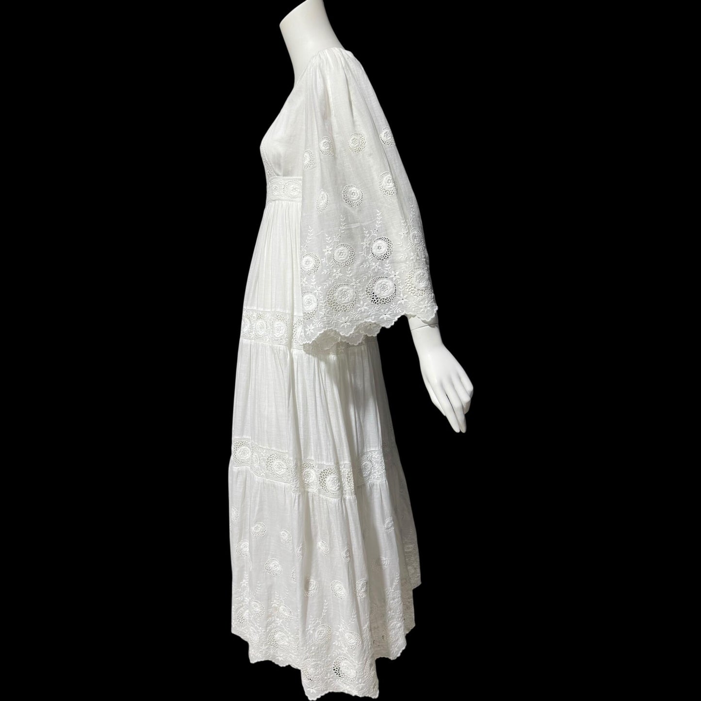 1970s Mexican Wedding dress, White batiste cotton embroidered empire ball gown