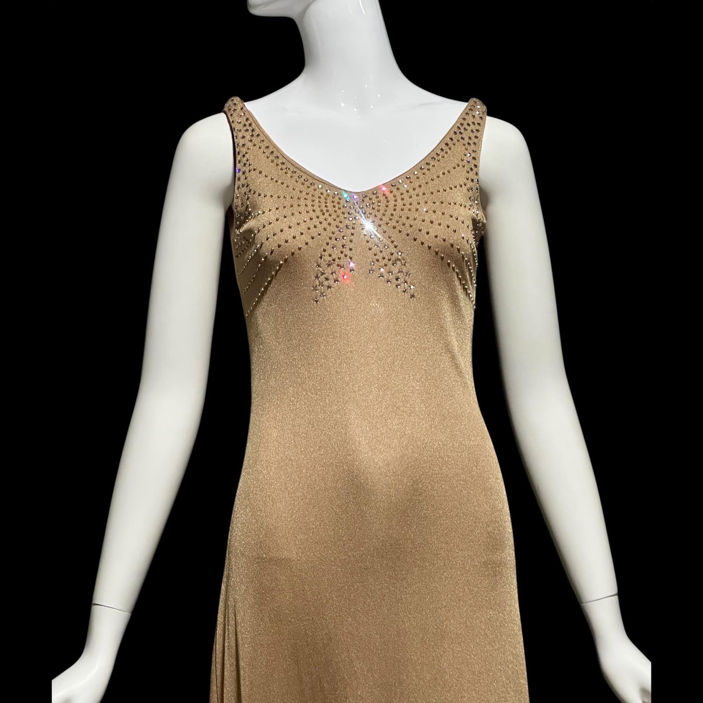 YOUNG DIMENSIONS SAKS Fifth Ave, vintage 1970s evening dress, Bronze slinky metallic knit maxi slip dress, Disco party cocktail dress