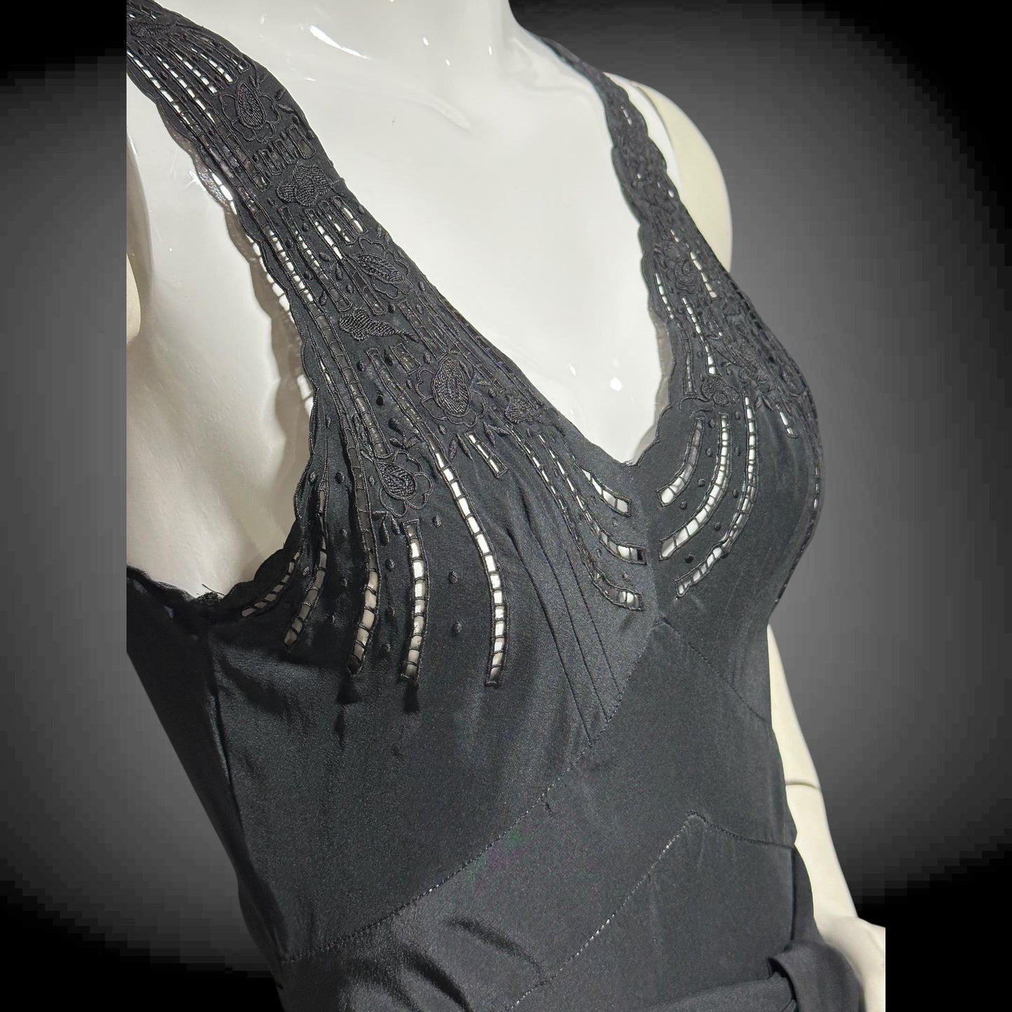 PEONY, vintage 1950s Silk Nightgown slip dress, inky black bias cut hand embroidered gown