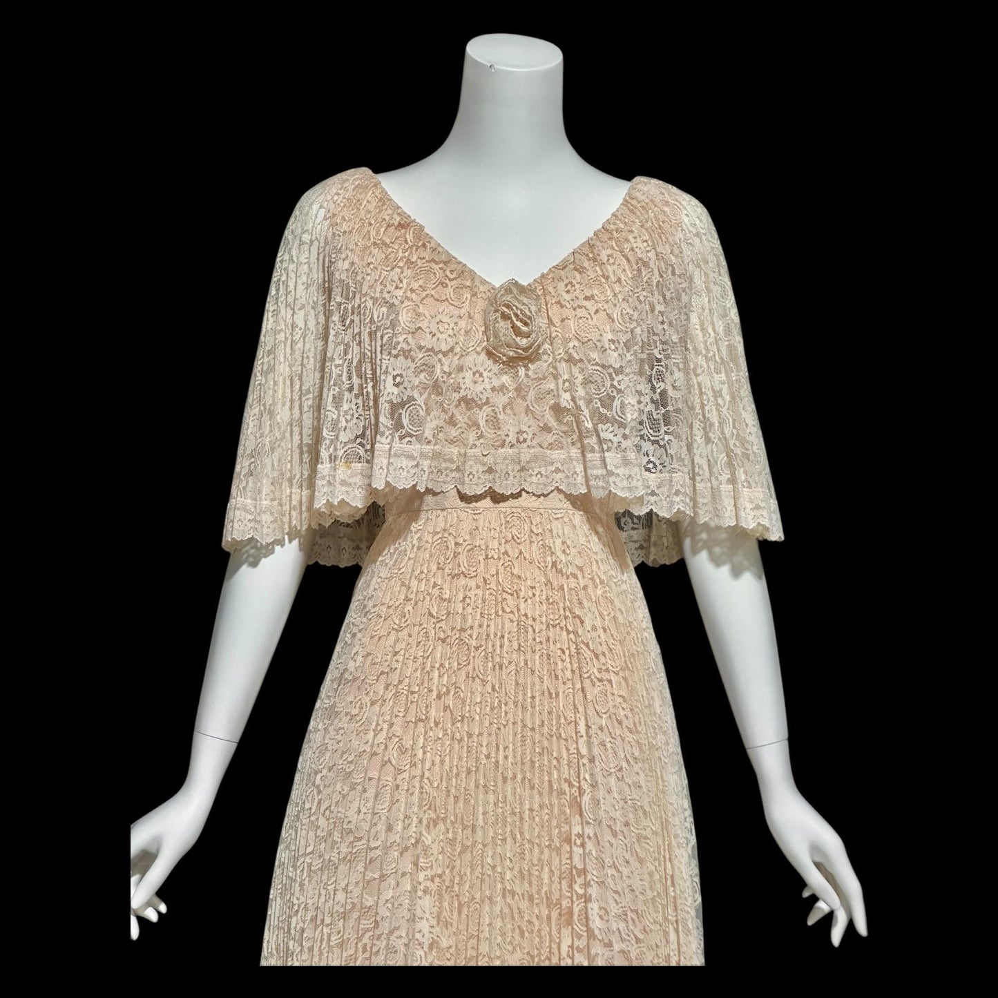 1970s vintage evening dress, peachy lace pleated dress, ruffled cape collar hippie boho chic evening gown, 36 bust
