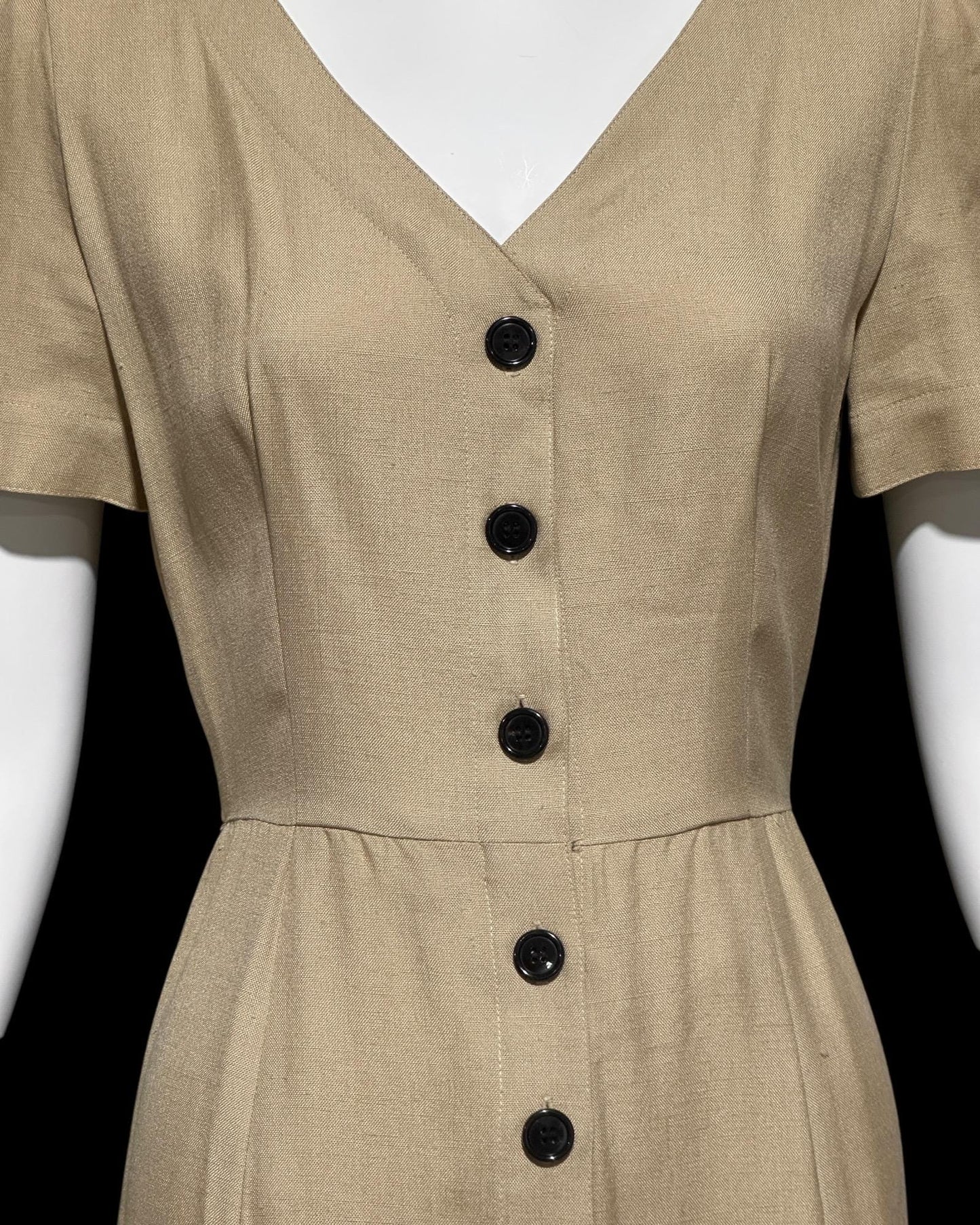 ADELE SIMPSON, vintage 1980s day dress, 80s does 40s latte tan linen dress, button front wear to work luncheon dress