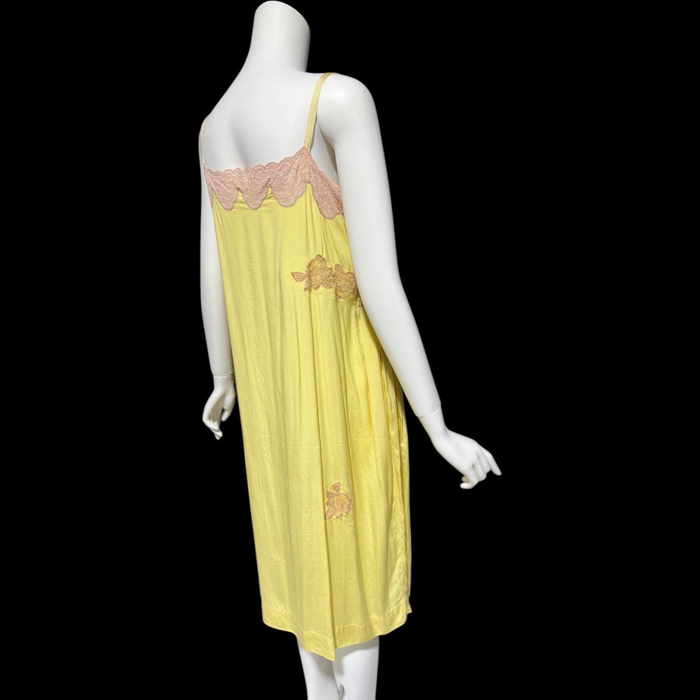 1920s vintage nightgown slip dress, canary yellow silk and pink lace shift dress