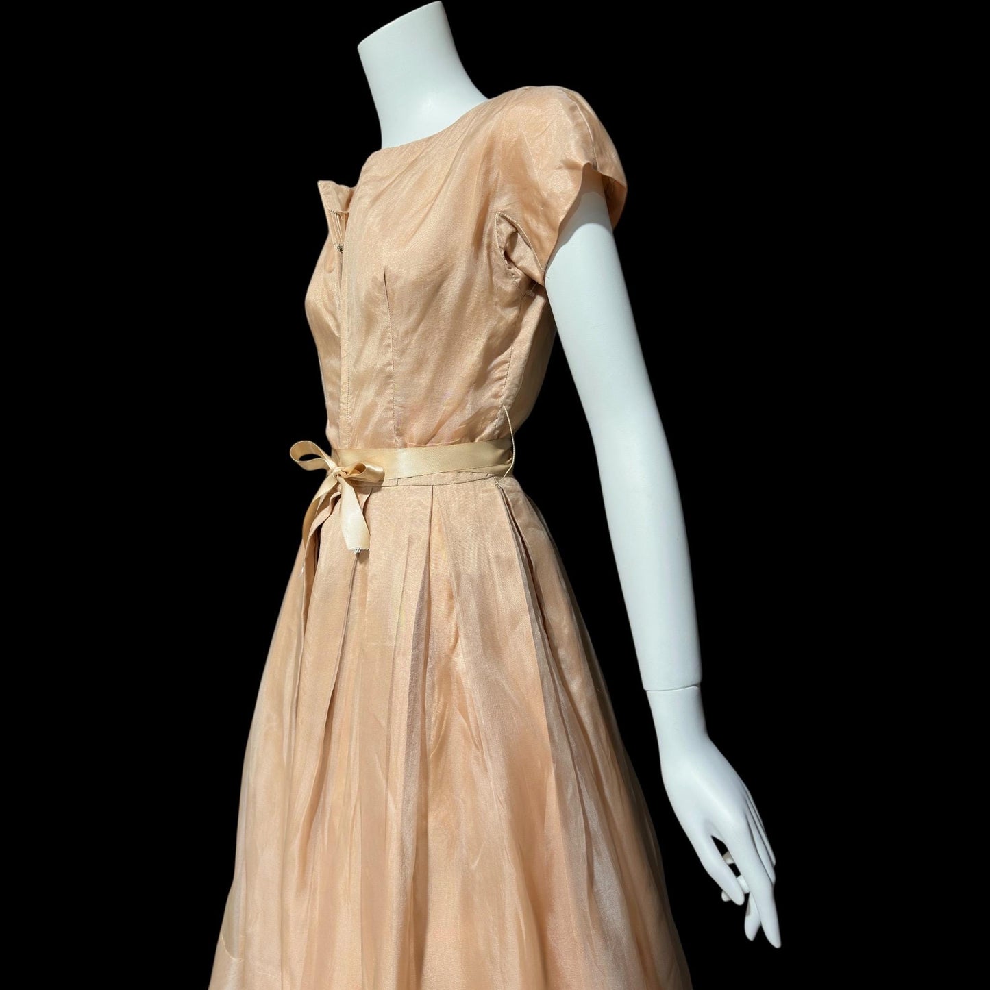 GIGI YOUNG, vintage 1950s dress, Toasty Caramel organza cocktail party dress, pleated fit & flare dress