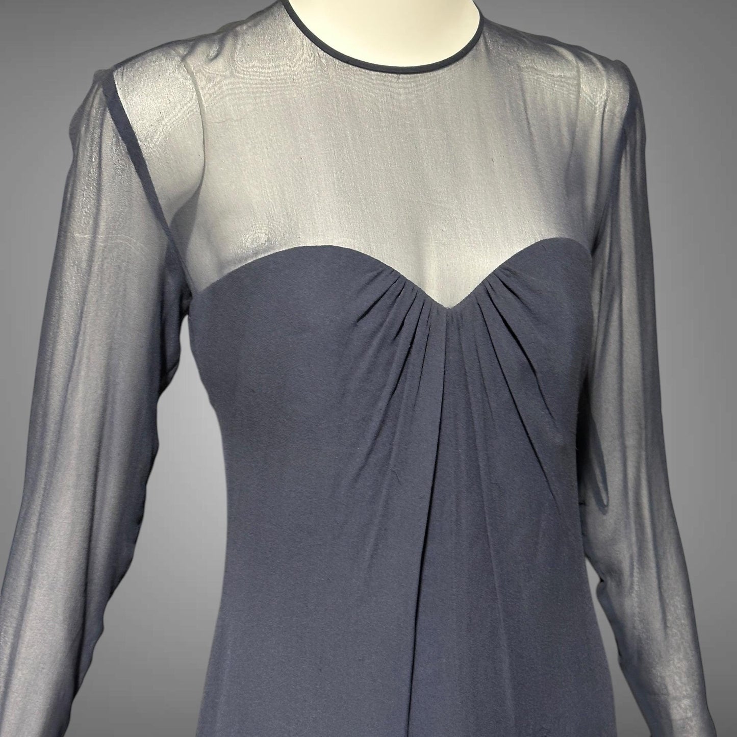 JEAN-LOUIS SCHERRER, vintage 1980s evening cocktail dress, navy blue sheer silk dress