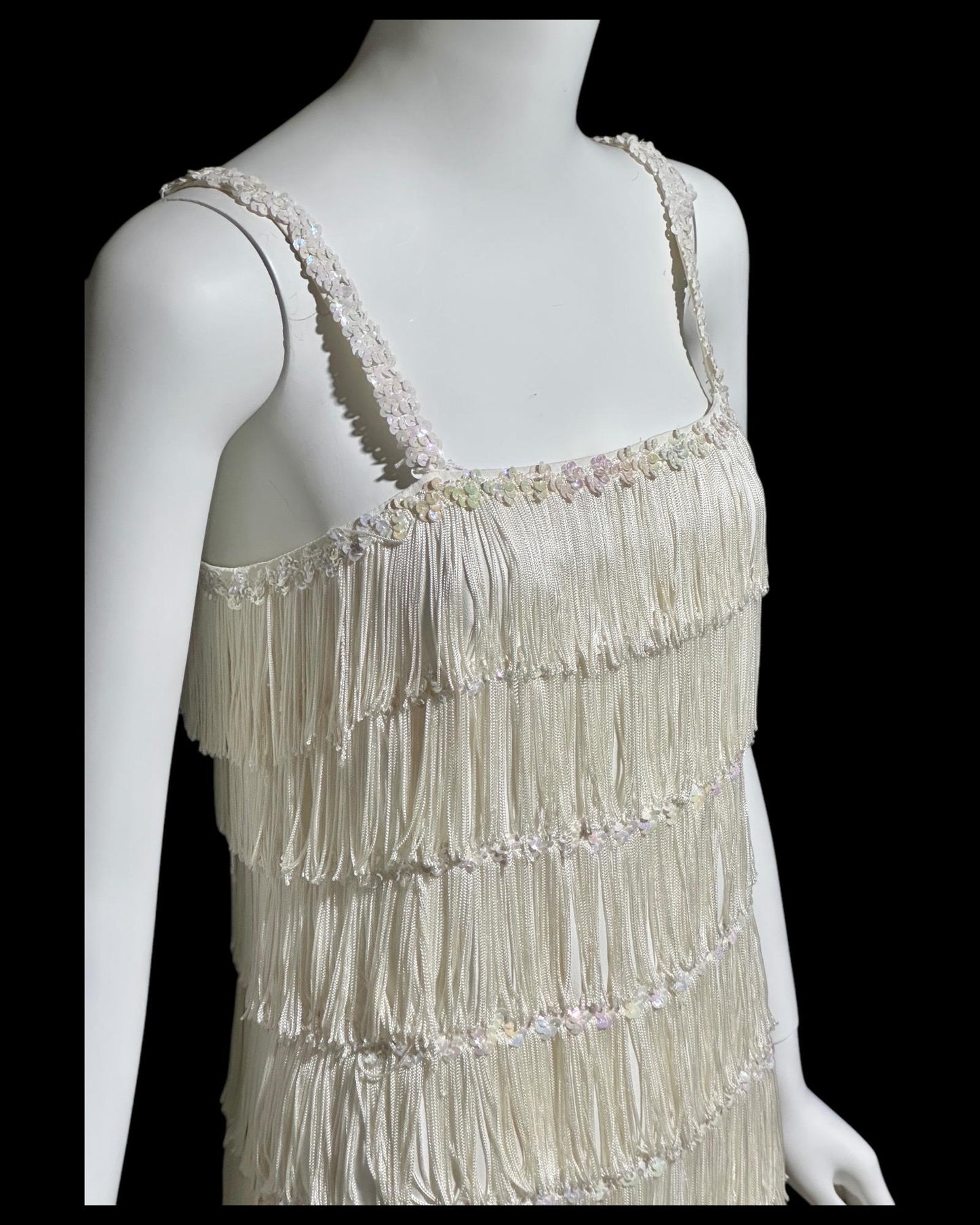 1960s vintage white fringed evening dress gown, column dress with sequins