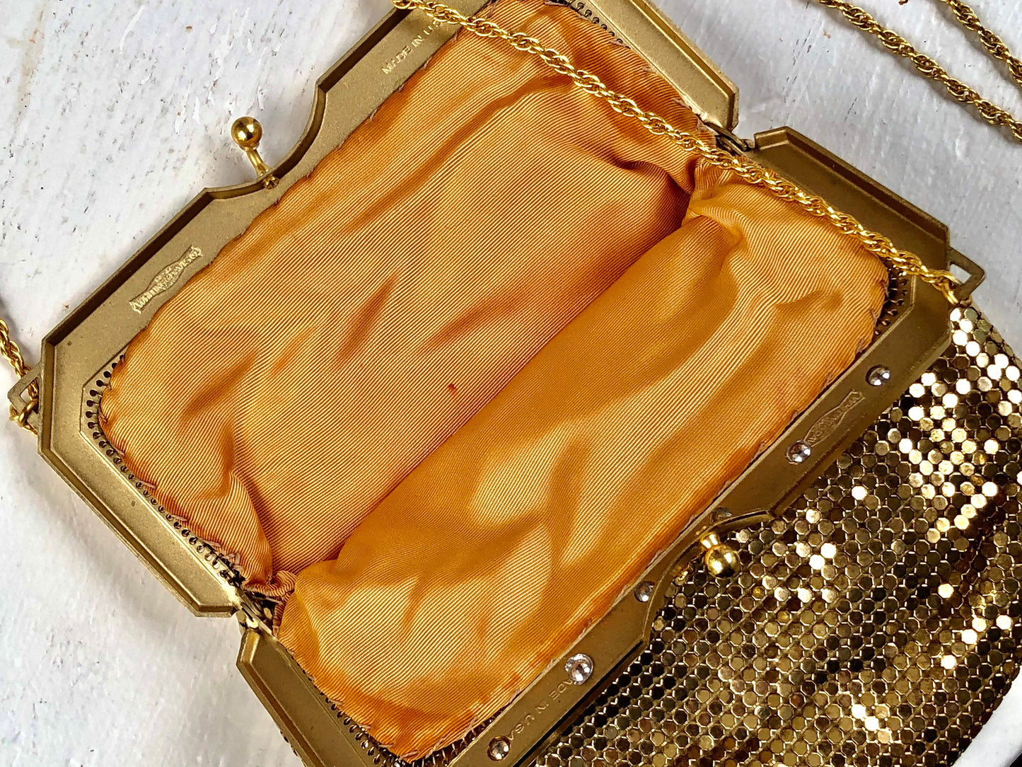 WHITING & DAVIS vintage 1960s mesh bag purse, gold mesh dance evening bag