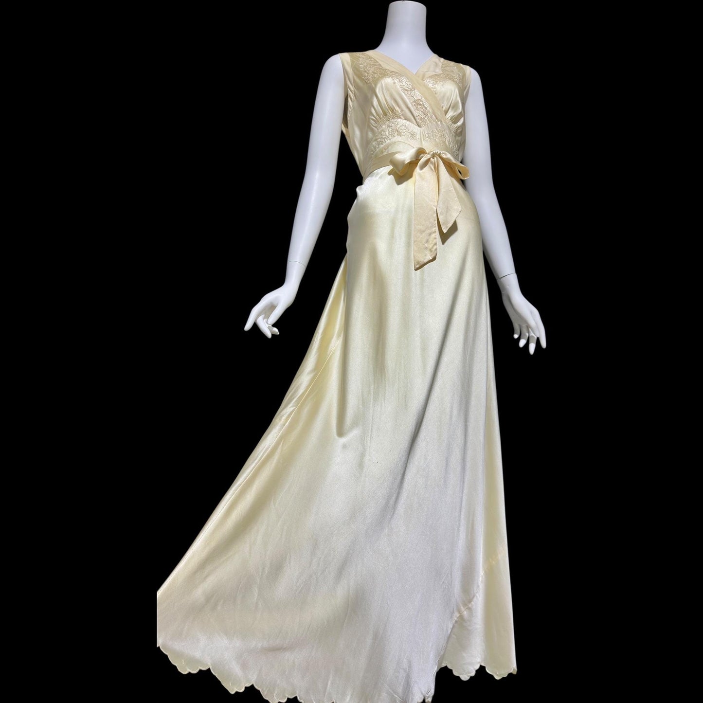 1940s vintage Silk Nightgown slip dress, Butter yellow bias cut embroidered lace slip dress