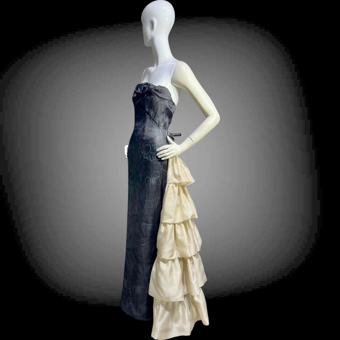 ARNOLD SCAASI vintage 1960s evening gown dress, black and white silk cascading ruffle gown