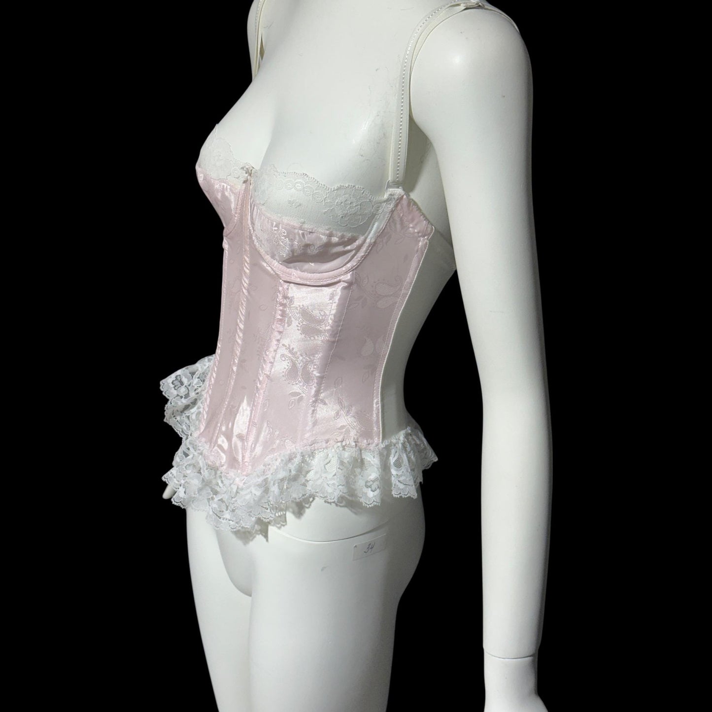 SABRINA, Vintage 1970s pink satin bustier, pink embossed satin with white lace