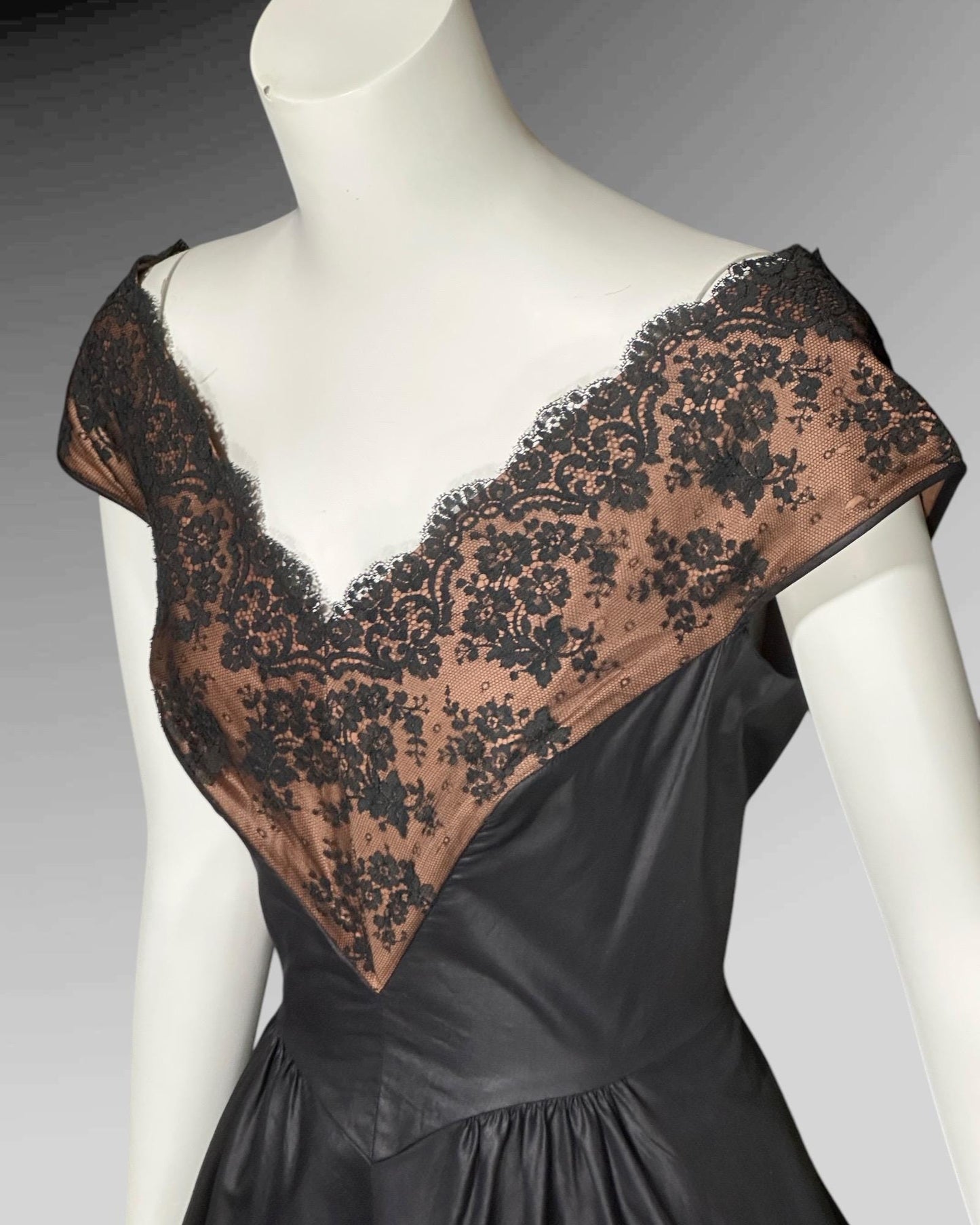 DOROTHY O'HARA, vintage 1950s dress, Black polished cotton and lace fit and flare cocktail party evening dress