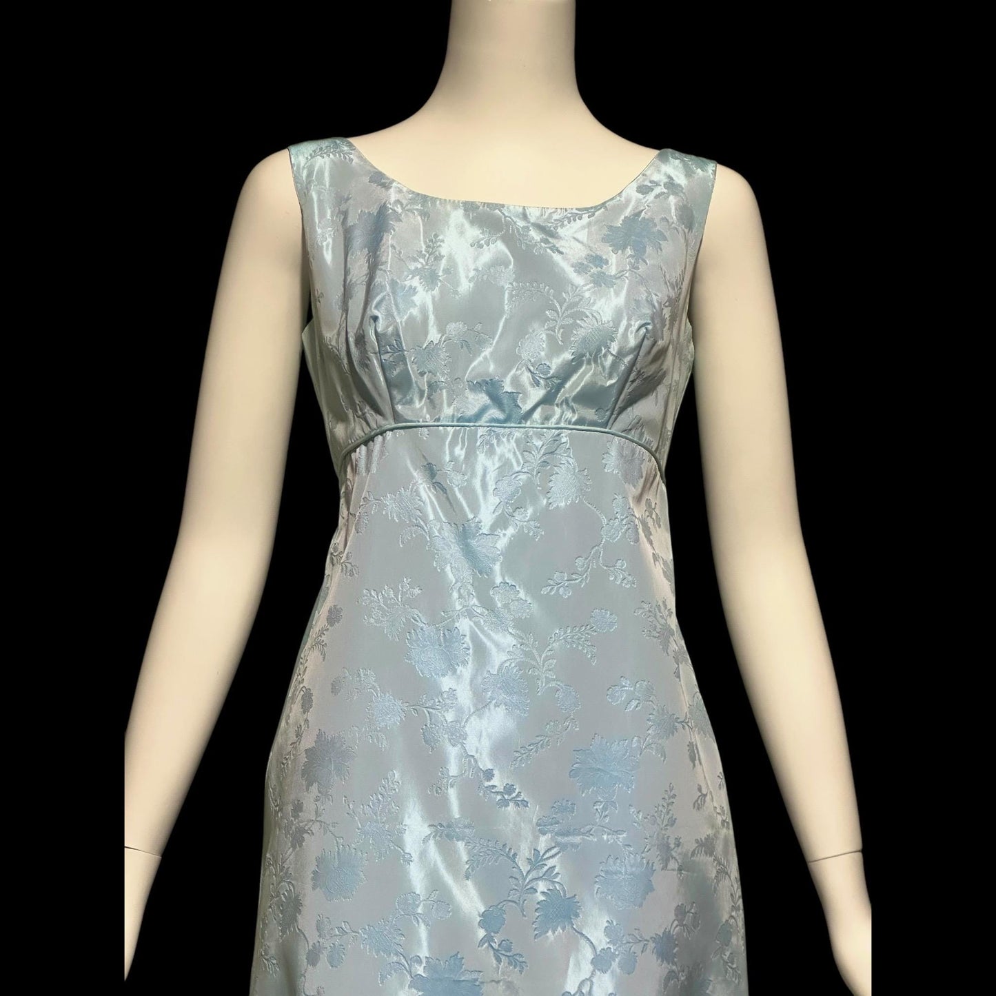 1960s Vintage evening gown and opera coat ensemble, baby blue damask custom mod column dress and duster set