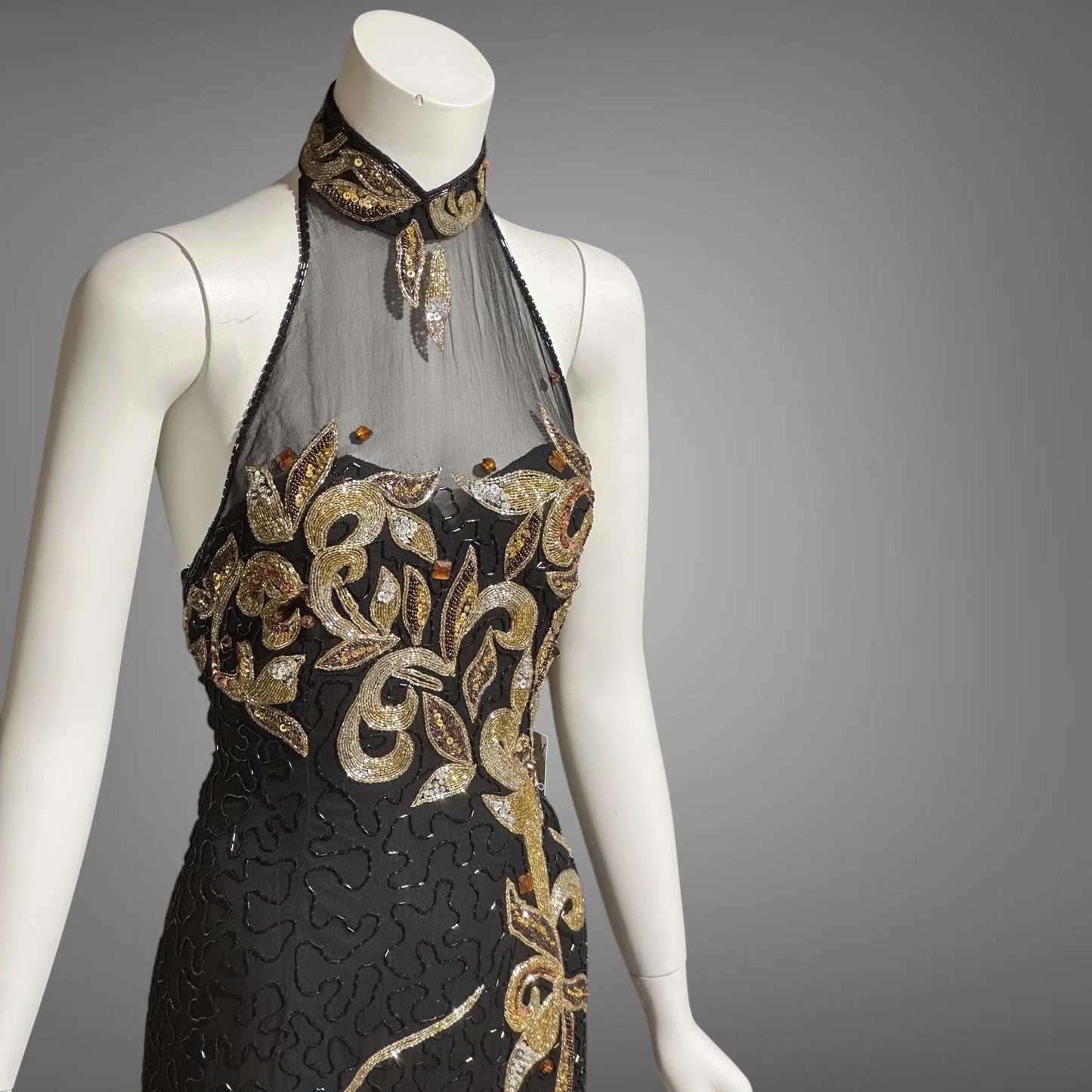 J REYNOLDS DESIGNS, vintage 1990s evening gown, Deadstock Black Beaded Halter Prom slip dress