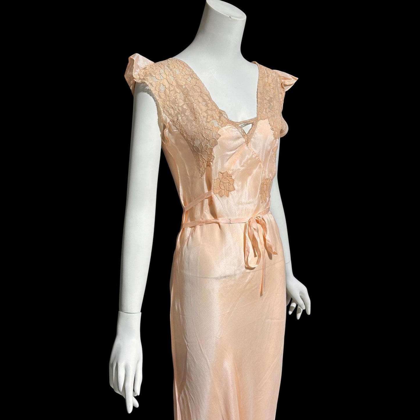 1930s Rayon Slip Dress: Vintage Bias Cut Shiny Peach Nightgown, Lace Trim