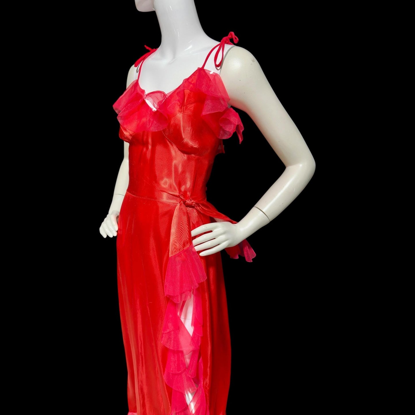 1940s vintage nightgown slip dress, Shiny lipstick red satin with a sheer mesh tulle ruffled trim