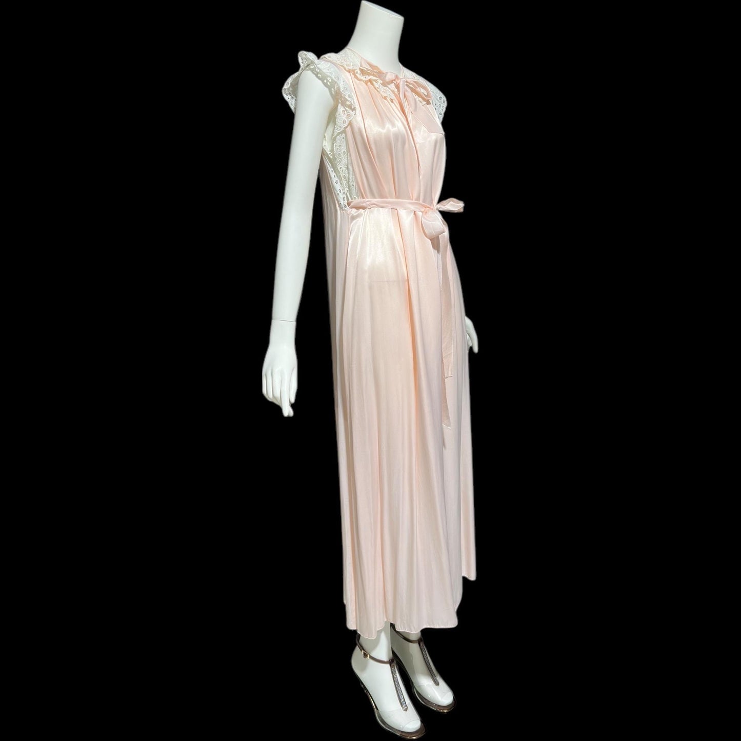 GODFRIED, vintage 1940s nightgown, Pink Bur-mil Rayon with white eyelet lace and waterfall back