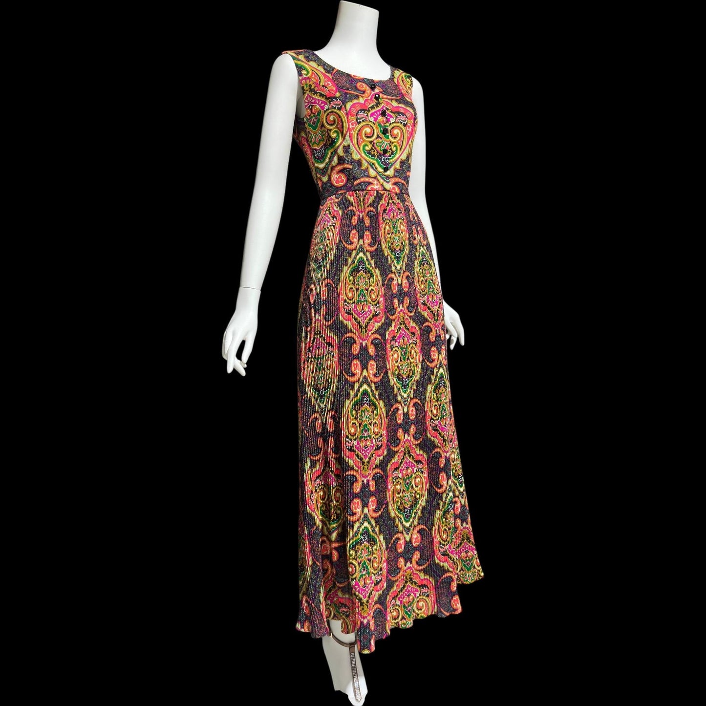 FRED ROTHECHILD, vintage 1970s maxi dress, micro pleated skirt, neon op art paisley, casual day hippie boho dress