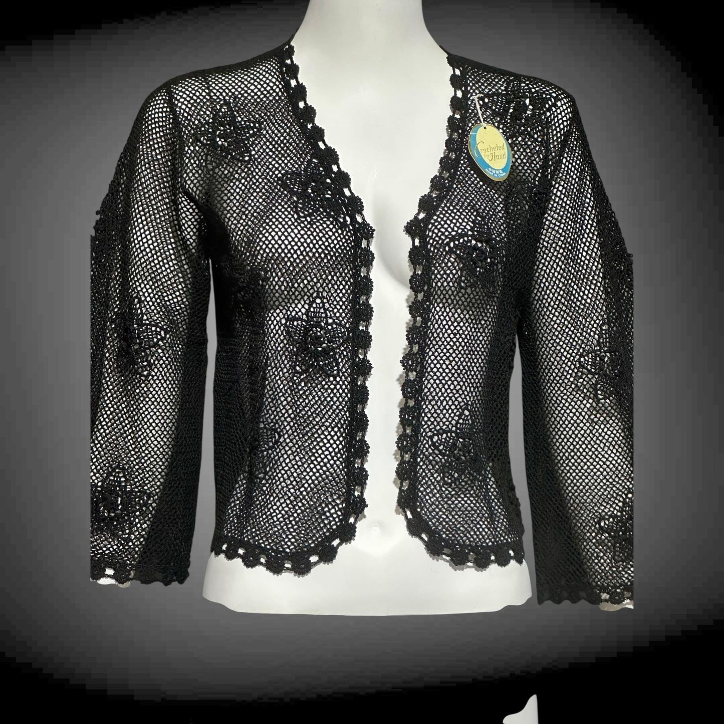 1950s vintage crochet cardigan, black 100% cotton Hand Made Shanghai cropped sweater