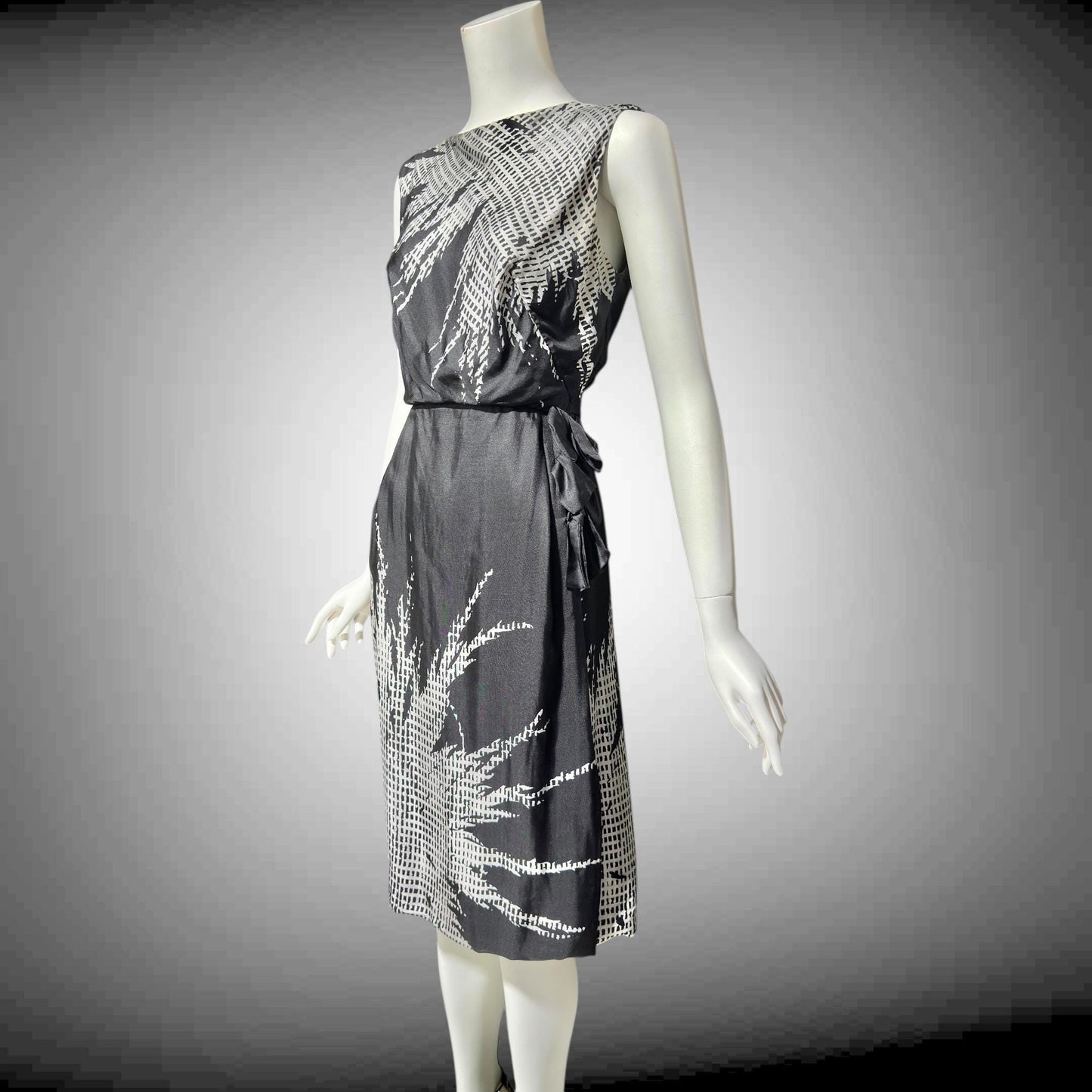 HELENA BARBIERI, vintage 1950s cocktail dress, Black and white silk wiggle dinner dress