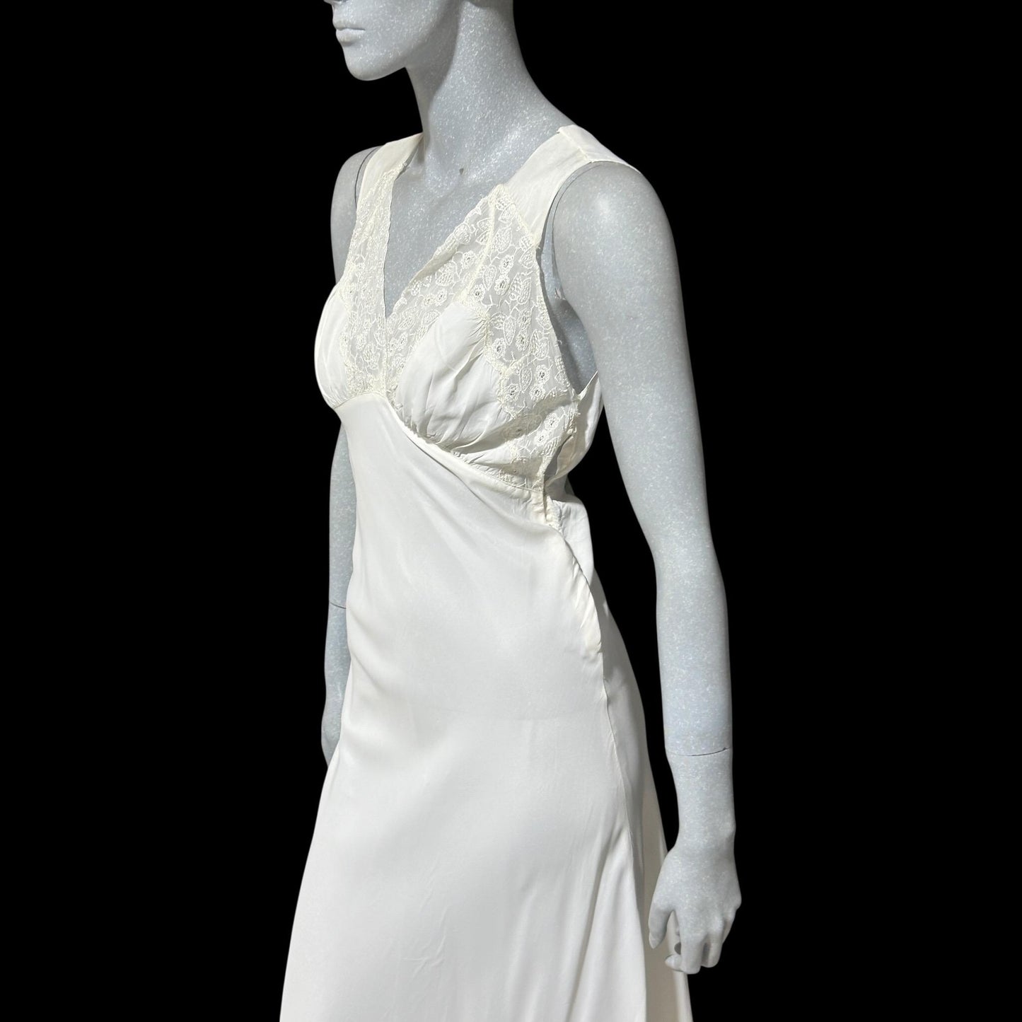 1930s vintage Nightgown slip dress, White rayon and lace bias cut night dress, full length with side snaps