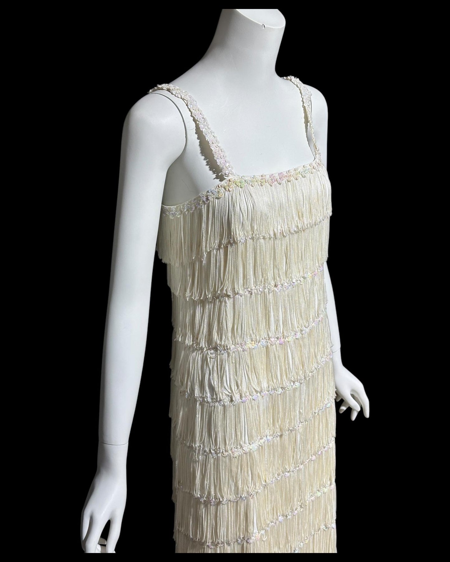 1960s vintage white fringed evening dress gown, column dress with sequins