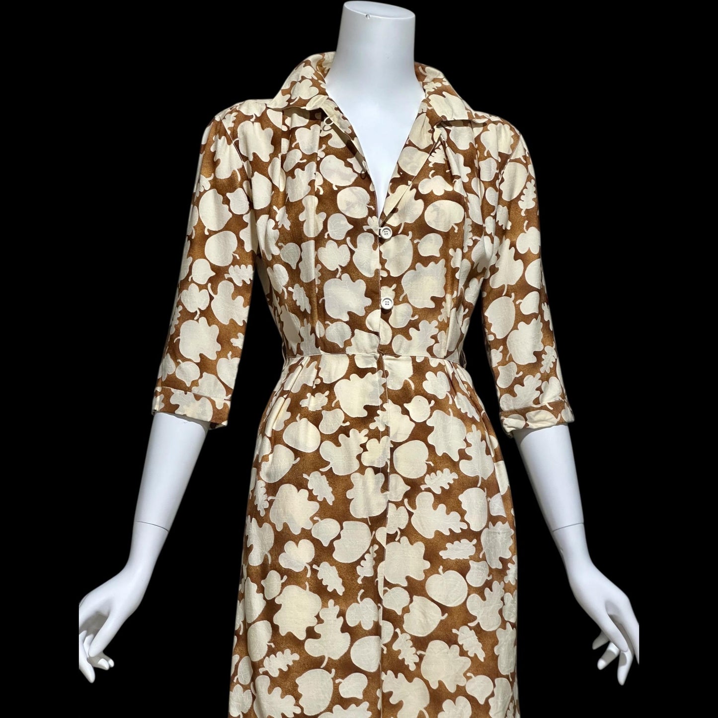 COURREGES vintage 1970s shirtdress, silk blend, nutmeg and cream button front wear to work dress
